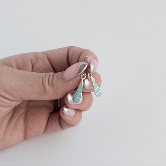 Vintage Sterling Silver Earrings Turquoise Inlay Tear Drop Shape 925 Southwest - Picture 6 of 12